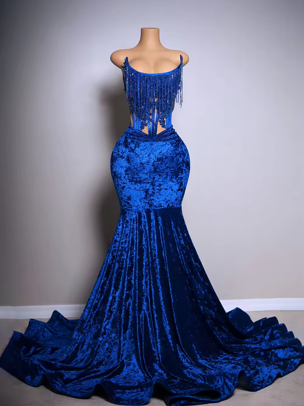 Blue Velvet Long Mermaid Prom Dresses for Black Girls Sexy Boning Lace-up Corset Strapless Formal Party Gala Gown Customized