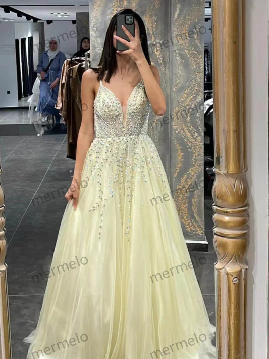 Spaghetti-Strap Tulle A-Line Prom Dress with Beadings