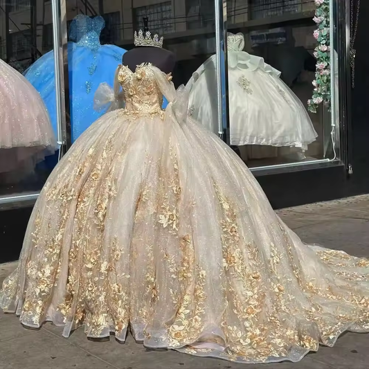 Glittering Champagne Quinceanera Dresses 3D Flower Lace Crystal Train Vestidos De 15 Anos Birthday Party Customized