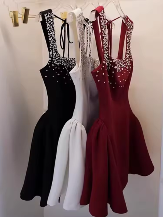 Short Diamonds Splcing Sleeves Solid Women Dress Slim Patchwork Lace Up Strapless Party Dresses Fashion