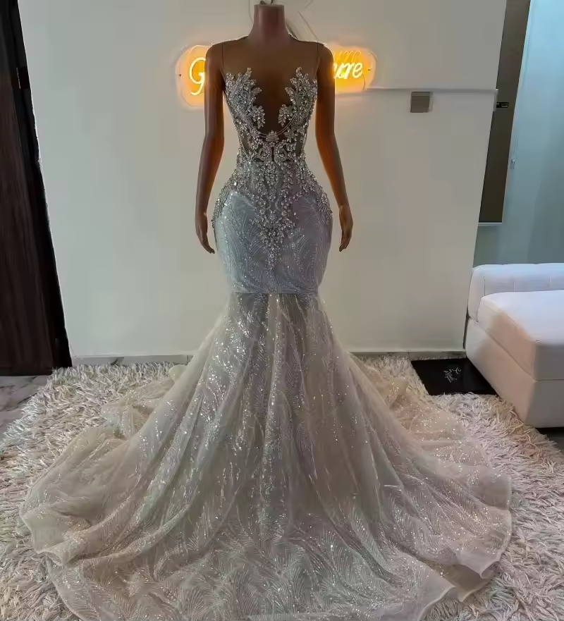 Luxury Silver Prom Dresses 2025 Black Girl Sequin Beading Mermaid Part