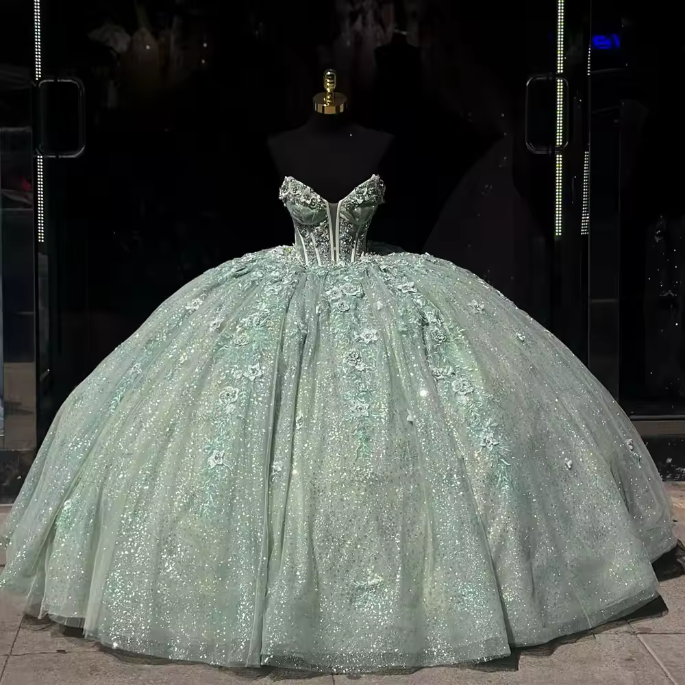 Luxury Glittering Mint Green Quinceanera Dresses Birthday Party Prom Princess Ball Gown Vestidos De 15 Anos Corset