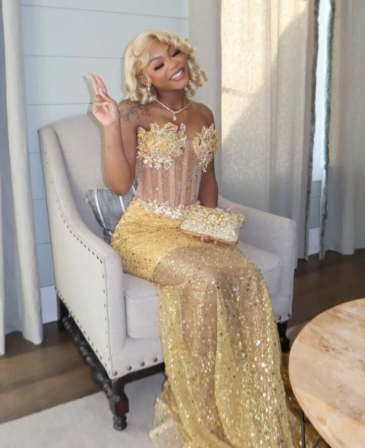 Gold Mermaid Prom Dress Evening Formal Party Birthday Engagement Gowns