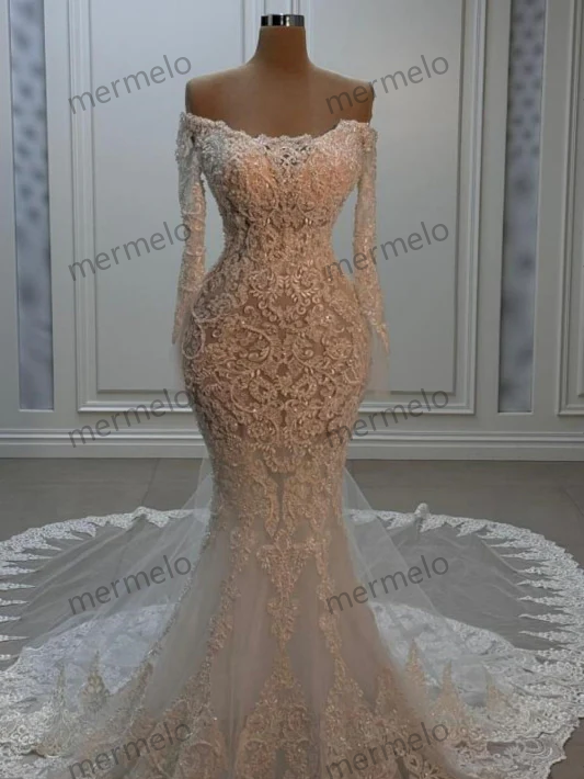Elegant Off-the-Shoulder Appliques Lace Mermaid Wedding Dress with Chapel Train
