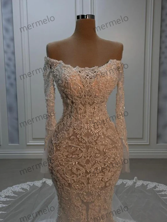 Elegant Off-the-Shoulder Appliques Lace Mermaid Wedding Dress with Chapel Train