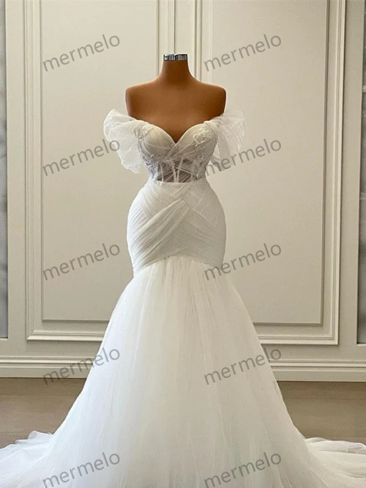 Elegant Off the Shoulder Floor Length Mermaid Tulle Wedding Dress