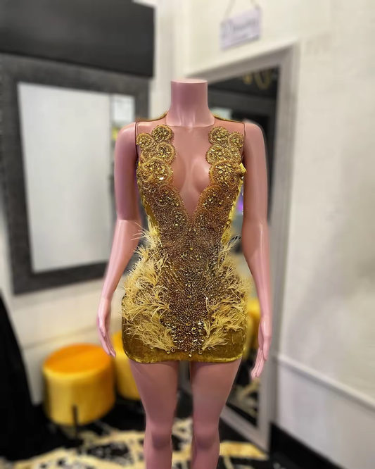 Gold Prom Dresses Black Girls Short Beaded Rhinestone Diamond Evening Luxury Dress Birthday Party Dress Mini Cocktail Customized