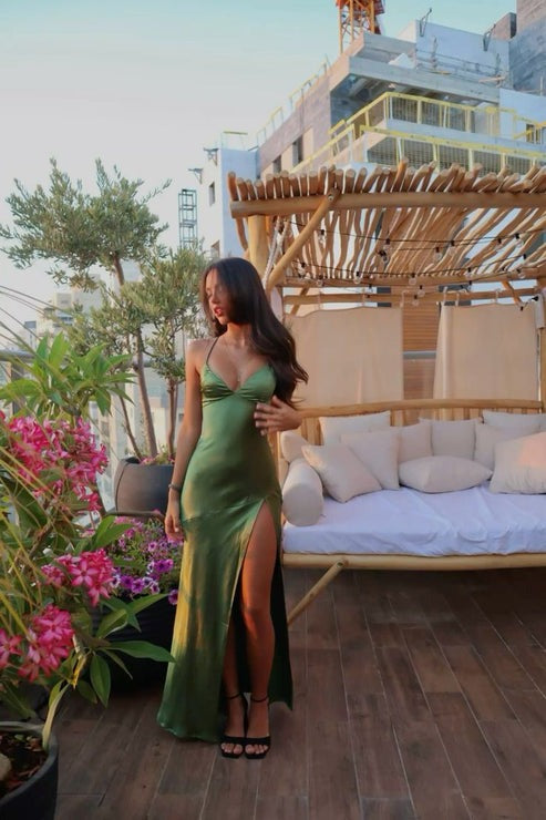 Green Sexy Spaghetti Straps Prom Dress Long Evening Dresses With Split