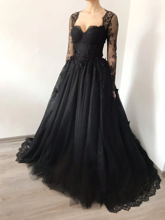 Black gothic corset wedding 3D lace floral tulle dress, alternative bride dress