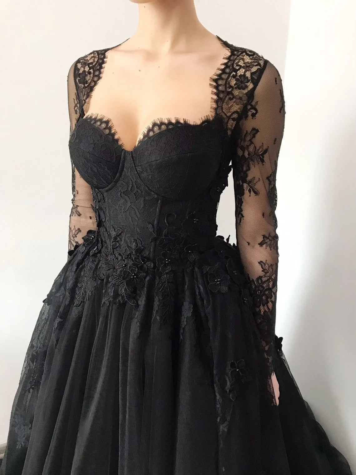 Black gothic corset wedding 3D lace floral tulle dress, alternative bride dress