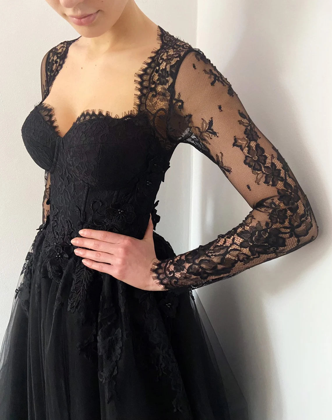 Black gothic corset wedding 3D lace floral tulle dress, alternative bride dress