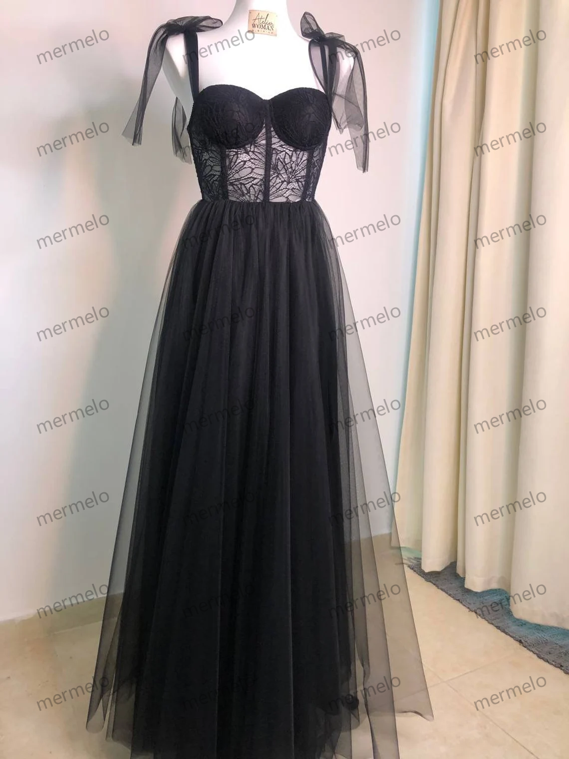 Black Corset Prom Corset Dress, Black Mesh Long Sleeves Bridal Gown, Tull Skirt Plus Size Prom Dress, Tea Length Prom Dress,