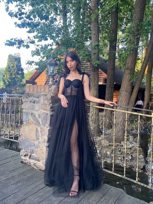 Black Corset Prom Corset Dress, Black Mesh Long Sleeves Bridal Gown, Tull Skirt Plus Size Prom Dress, Tea Length Prom Dress,