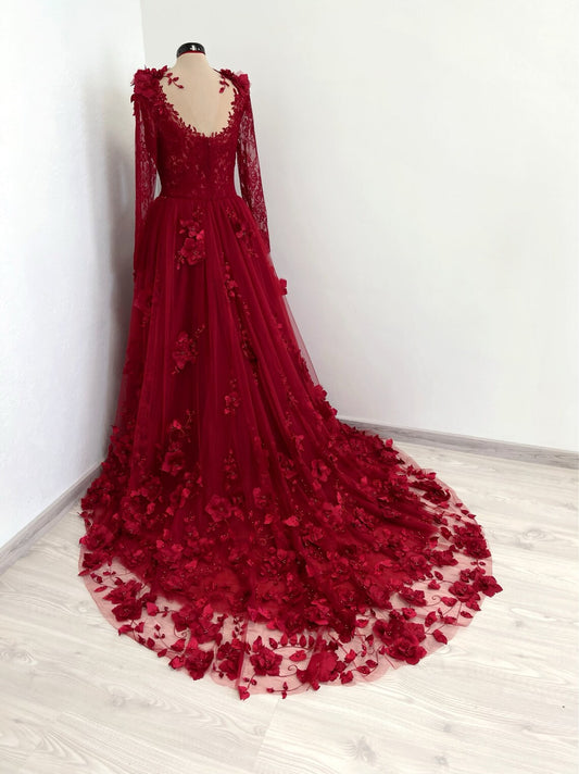 Red gothic 3D floral lace gown with a train, alternative fantasy blood red wedding dress