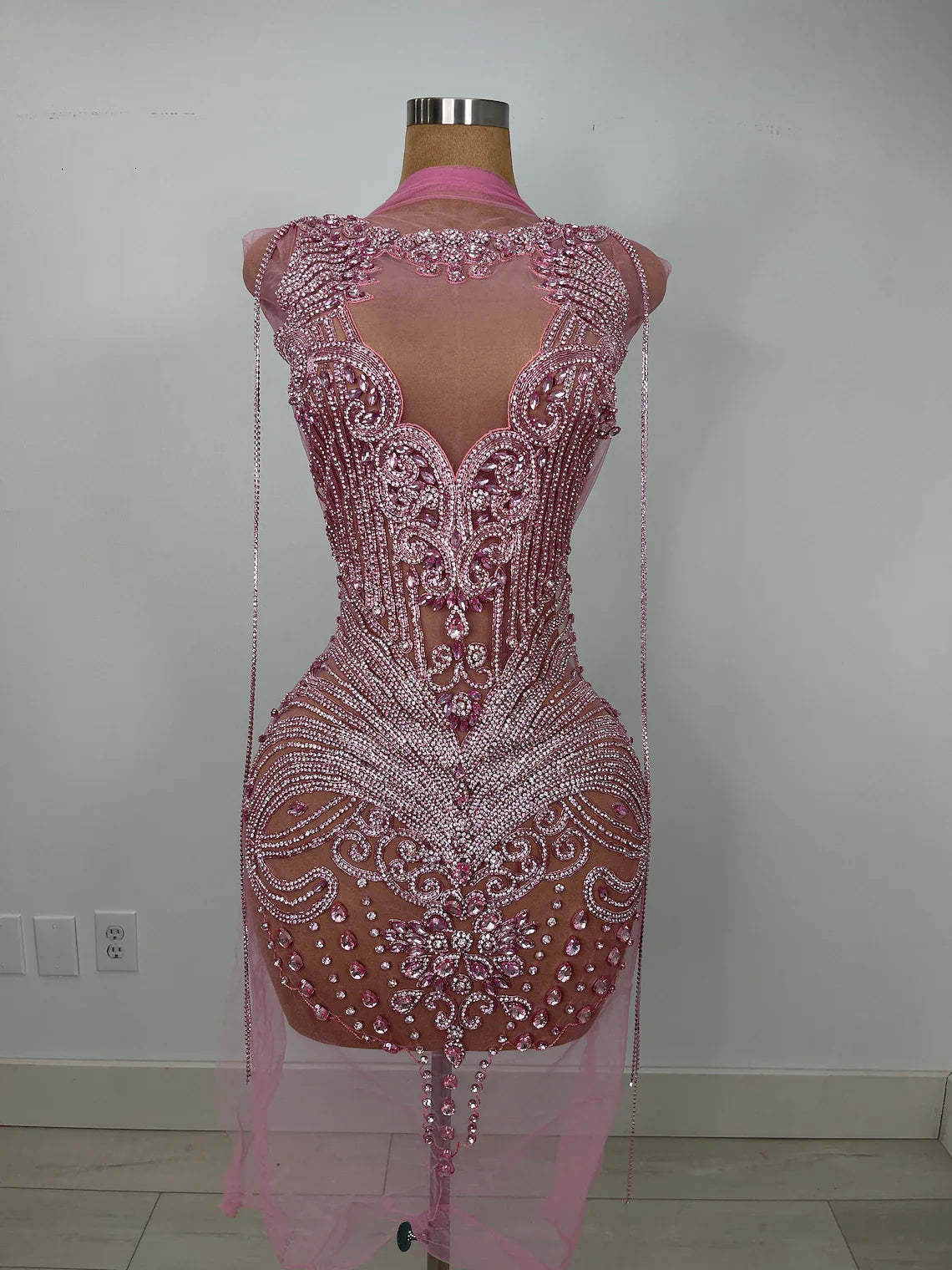Custom Pink Rhinestone Applique Fabric used for Prom Dresses Wedding Gowns & Birthday Dresses