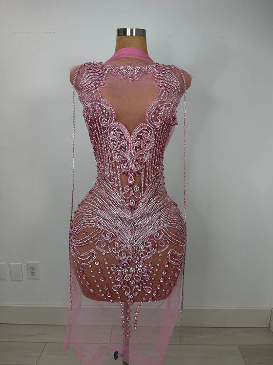 Custom Pink Rhinestone Applique Fabric used for Prom Dresses Wedding Gowns & Birthday Dresses