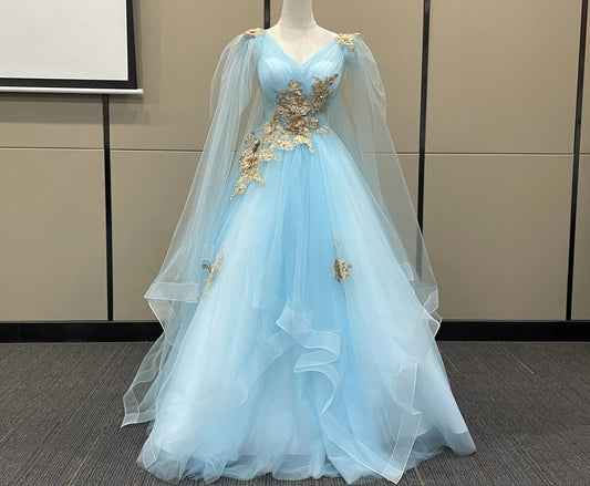 CUSTOM gold Applique Ice baby blue prom dress Party dress Graduation Gown wedding Dress Gorgeous Birthday dress fairy Ball Gown
