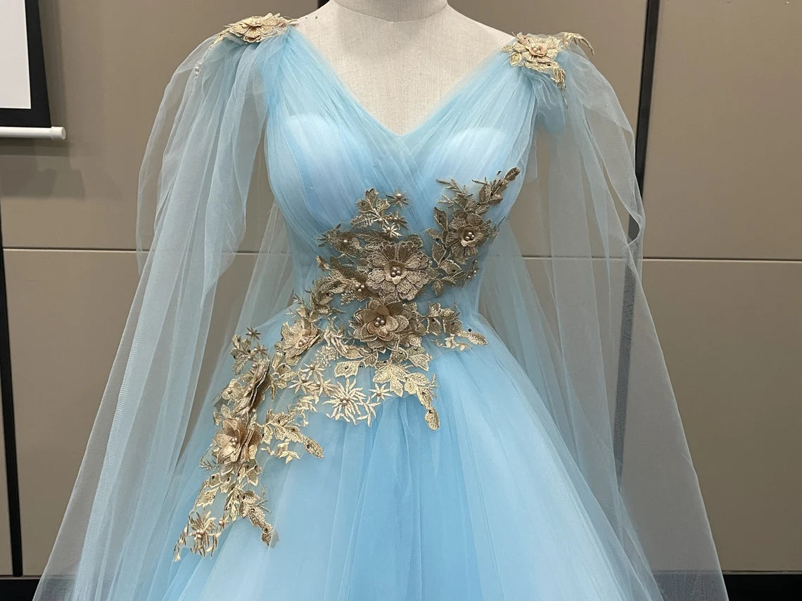CUSTOM gold Applique Ice baby blue prom dress Party dress Graduation Gown wedding Dress Gorgeous Birthday dress fairy Ball Gown
