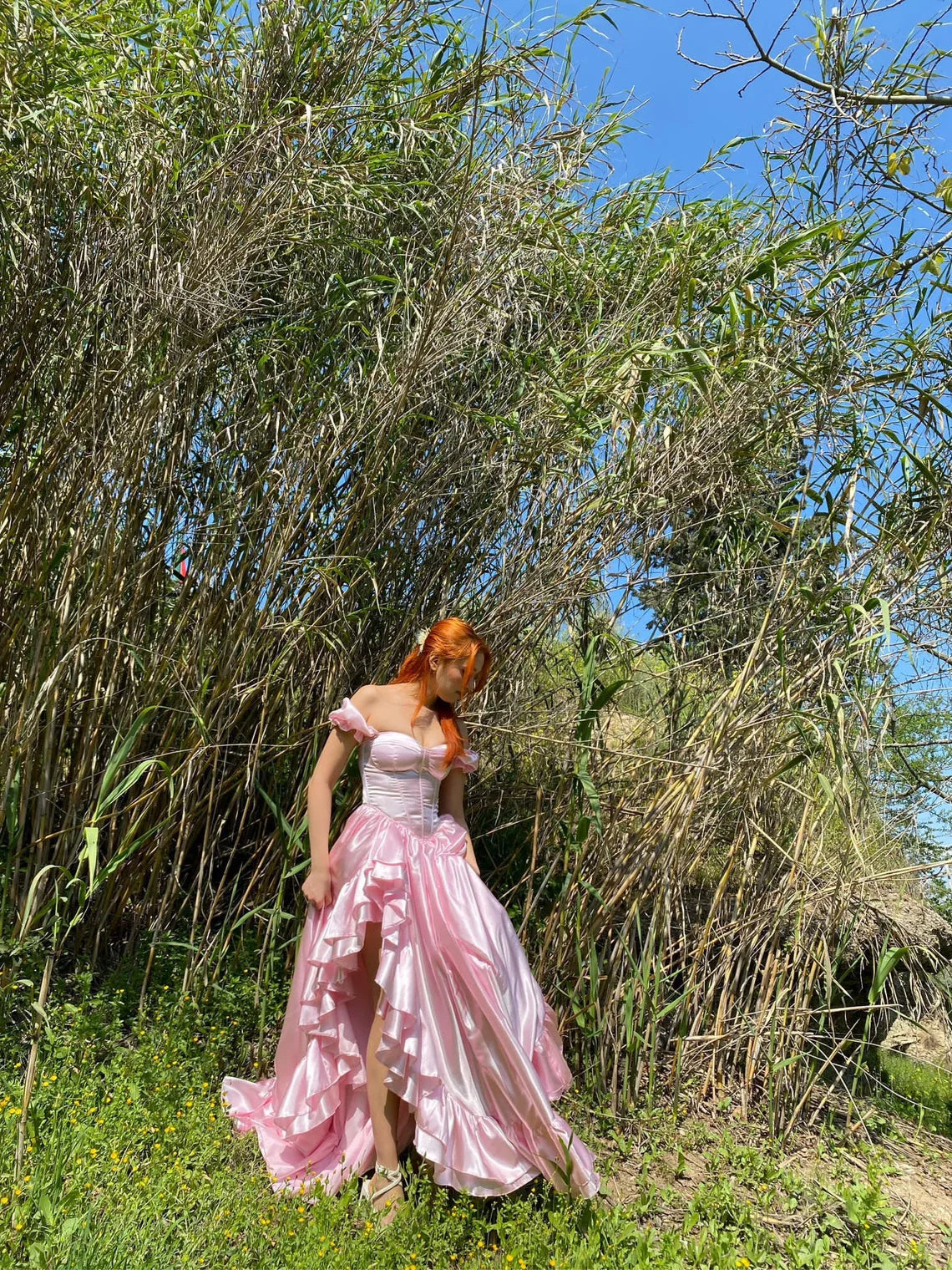 pink corset dress with ruffles on the sides/pink long princess dress/party, wedding, prom, graduation , halloween dress