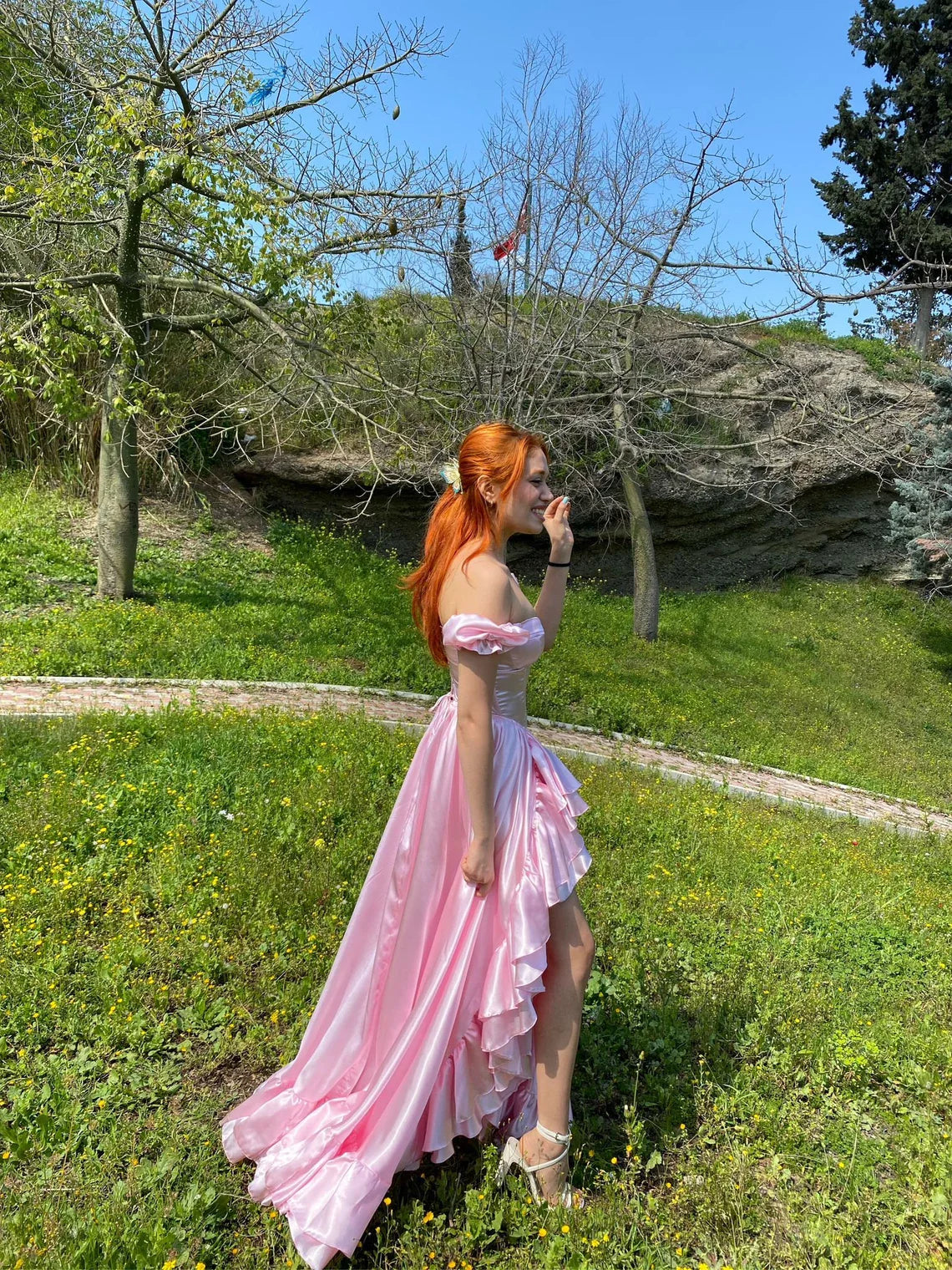 pink corset dress with ruffles on the sides/pink long princess dress/party, wedding, prom, graduation , halloween dress