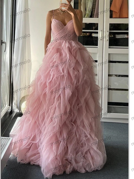 Pink Tulle Dress with Ruffles, Corset Prom Dress with Spaghetti Straps, Homecoming Dress, Princess Bridal Shower Dress