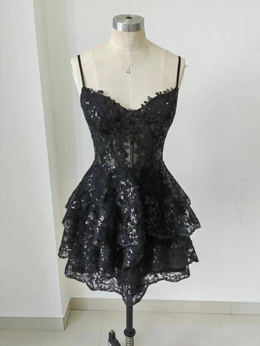 Black Lace Homecoming Dress Girl Dress Wedding Receiption Dress Sweetheart Neckline HOCO Dress Short Prom Dress Short Formal Party Dress