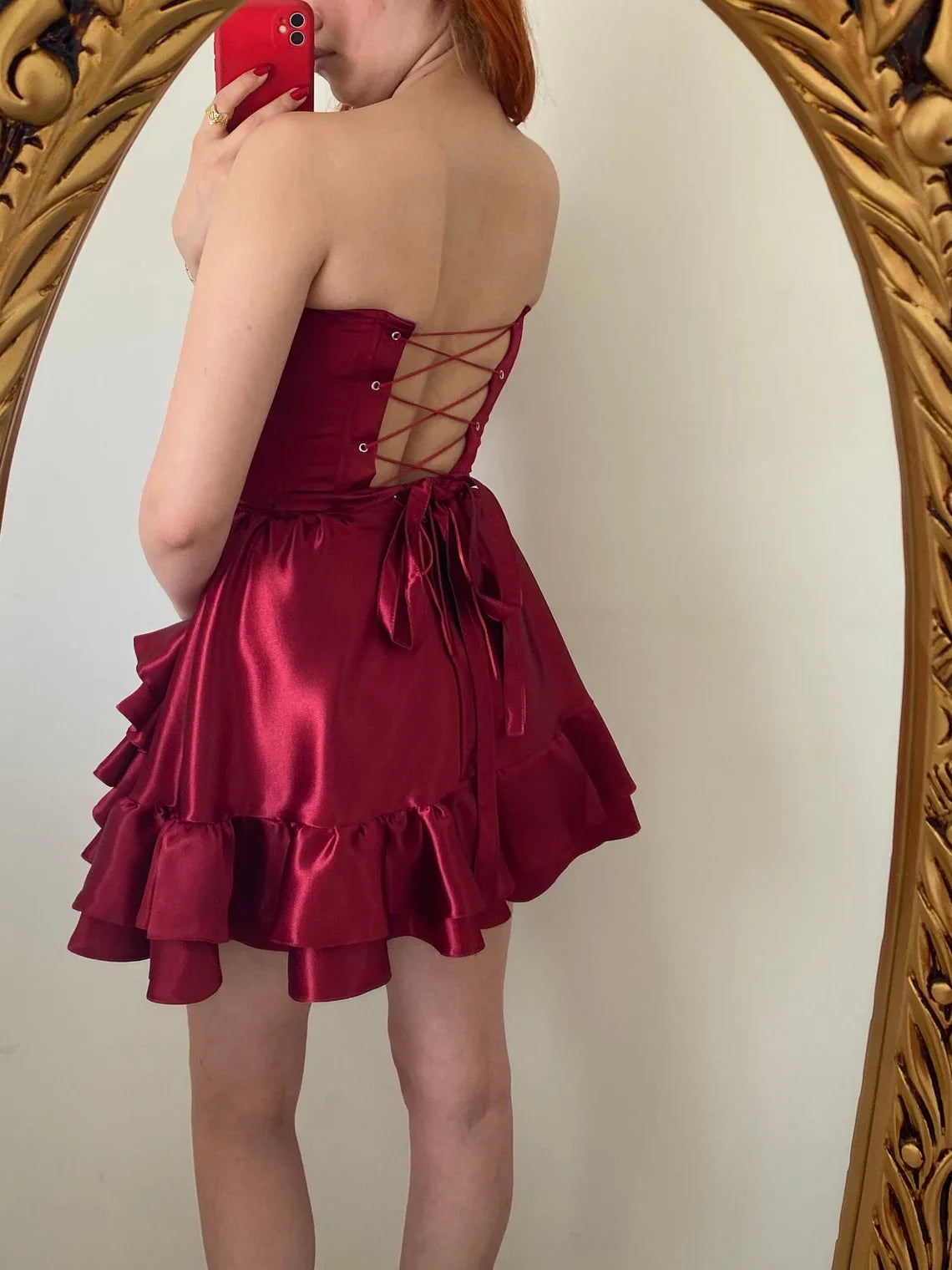 Burgundy corset dress with ruffles on the sides/burgundy princess dress/party, wedding, prom, graduation , halloween dress