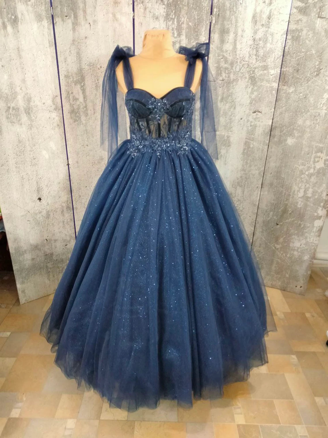 Tulle Dark Blue Party Dress, Prom Evening Dress, Off Shoulder Gown, Prom Dress, A-Line Party Dress, Maxi Corset Dress, Elegant Evening Dress