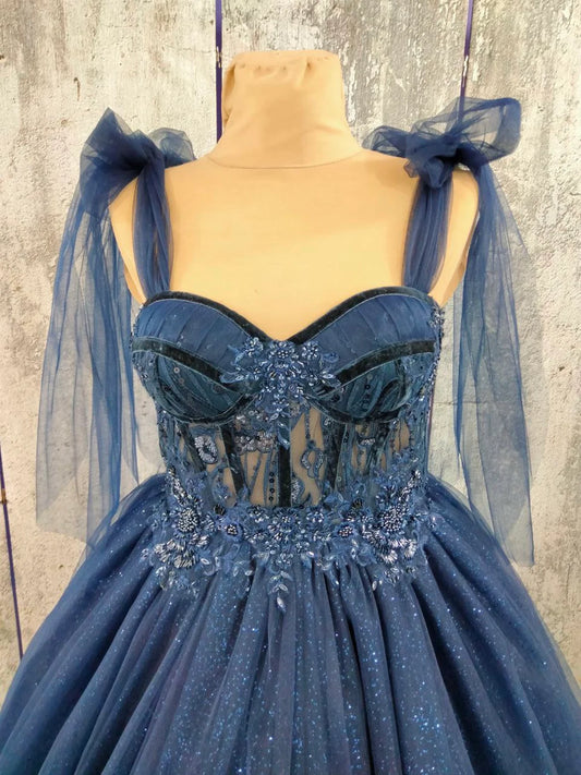 Tulle Dark Blue Party Dress, Prom Evening Dress, Off Shoulder Gown, Prom Dress, A-Line Party Dress, Maxi Corset Dress, Elegant Evening Dress