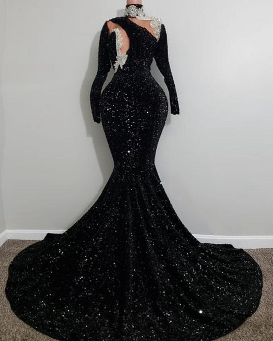 Black velvet seqins dress,Mermaid dress,Long Reception dress, Long sleeve Prom dress, Black girl dress,Wedding dress,V neck dress,Free shipp