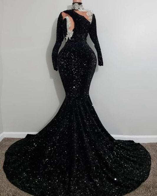 Black velvet seqins dress,Mermaid dress,Long Reception dress, Long sleeve Prom dress, Black girl dress,Wedding dress,V neck dress,Free shipp
