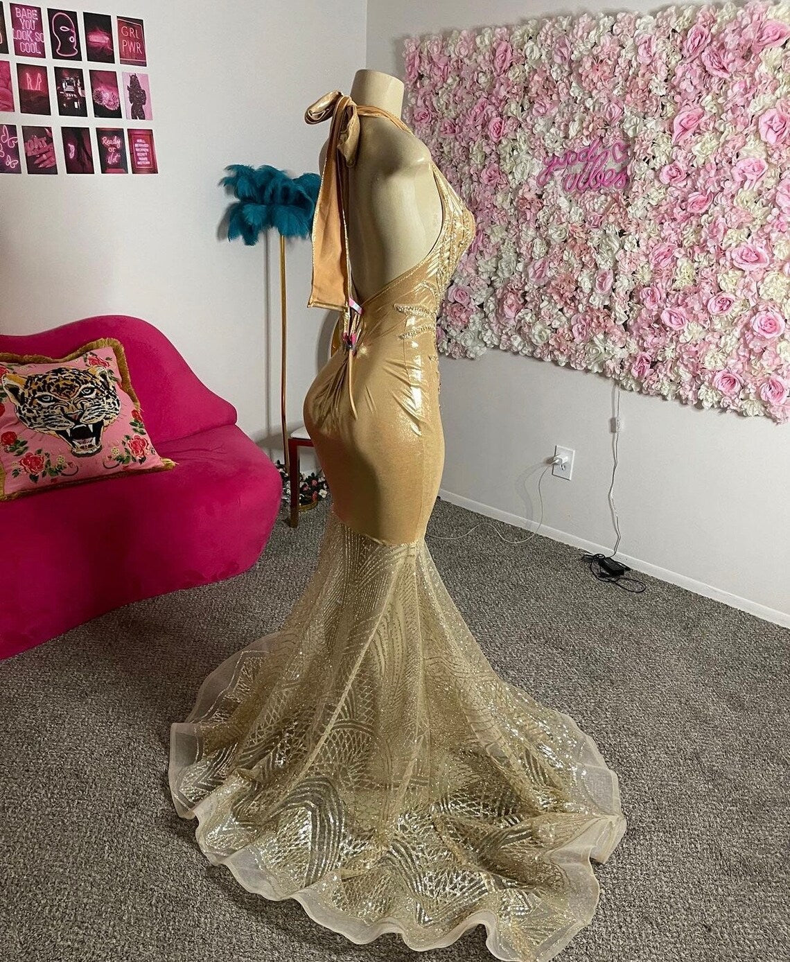 Gold spandex and mesh crystal prom dress