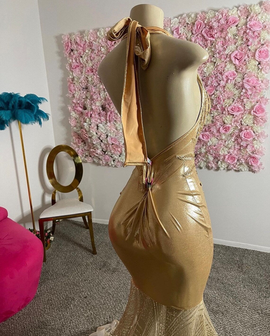 Gold spandex and mesh crystal prom dress