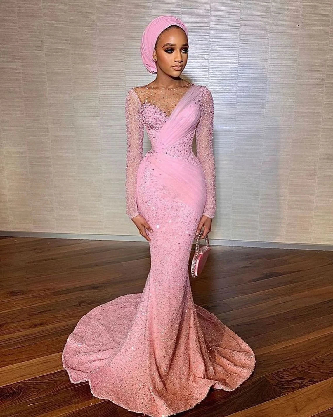 Pink wedding dress,African fully beaded women clothing dress,Prom dress, Birthday,Evening dress,Party ball dress,Wedding guest,Red Carpet dr