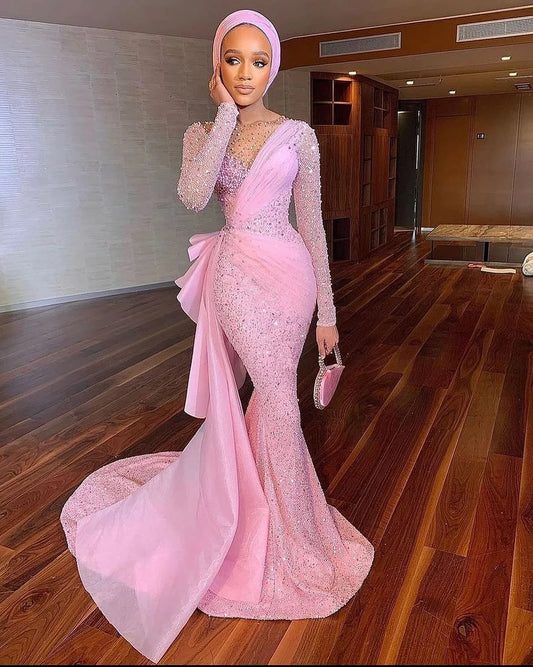 Pink wedding dress,African fully beaded women clothing dress,Prom dress, Birthday,Evening dress,Party ball dress,Wedding guest,Red Carpet dr