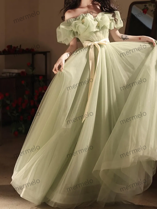 Fairy Green Lace Prom Dress, Tulle Off Shoulder Prom Dress, Tulle Prom Dress, Cocktail Dress, Evening Party Dress, Birthday Party Dress