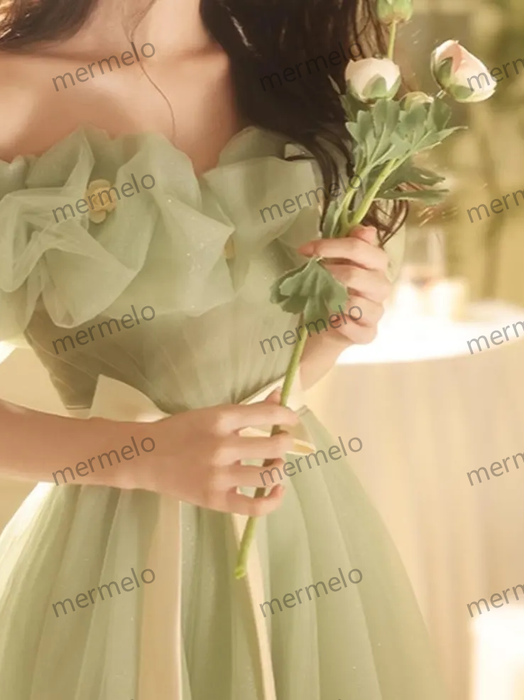 Fairy Green Lace Prom Dress, Tulle Off Shoulder Prom Dress, Tulle Prom Dress, Cocktail Dress, Evening Party Dress, Birthday Party Dress