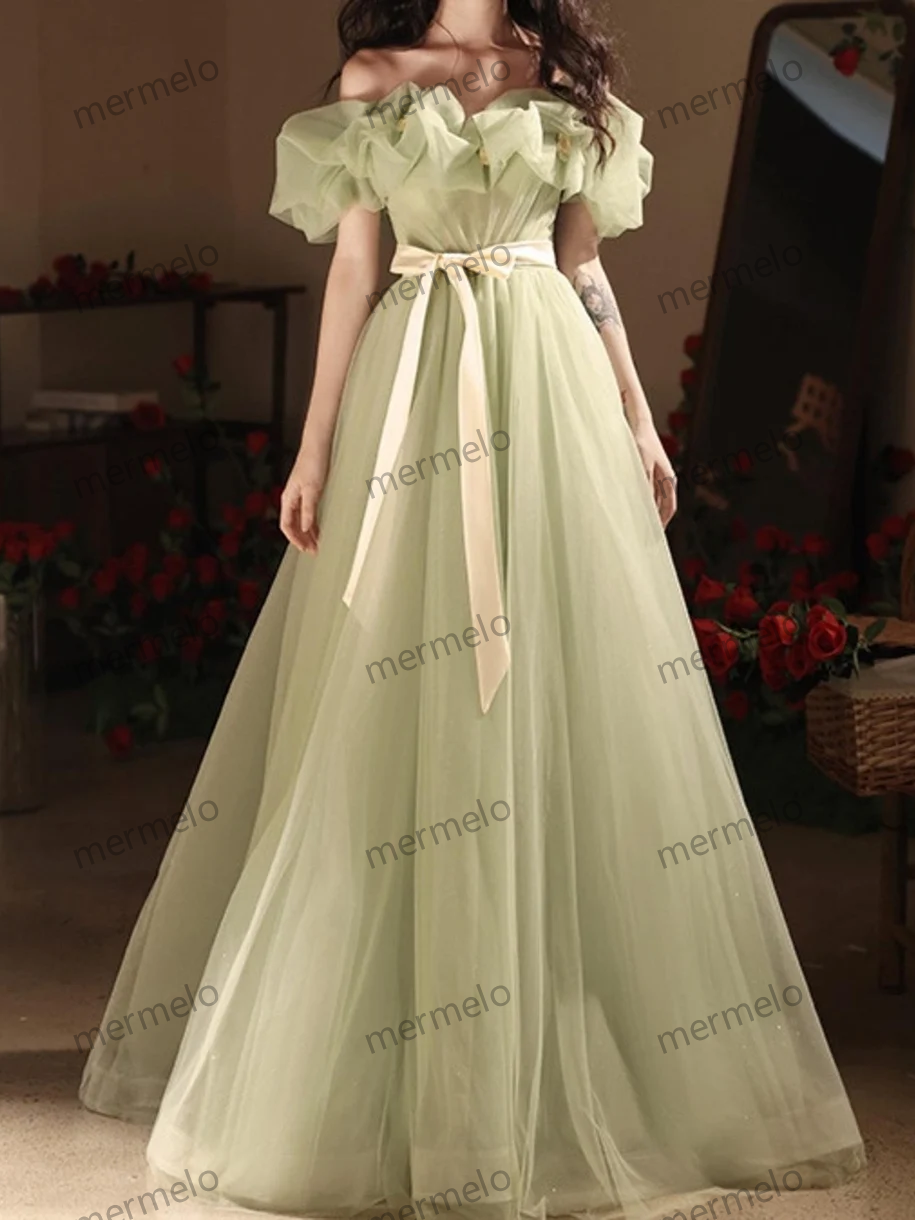 Fairy Green Lace Prom Dress, Tulle Off Shoulder Prom Dress, Tulle Prom Dress, Cocktail Dress, Evening Party Dress, Birthday Party Dress