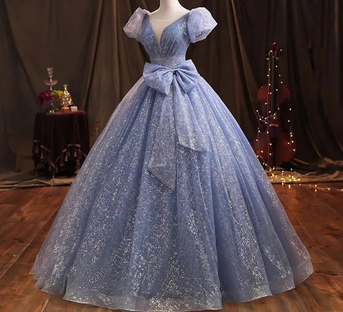 Ballgown, Prom Dress, Quinceanera Dress, Short Sleeves Ballgown, Blue Sparkly Ballgown
