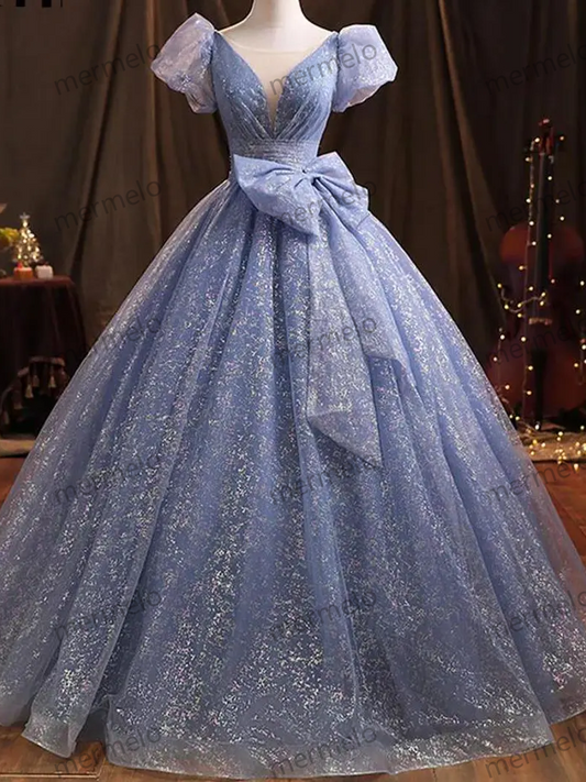 Ballgown, Prom Dress, Quinceanera Dress, Short Sleeves Ballgown, Blue Sparkly Ballgown