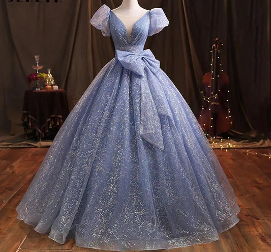 Ballgown, Prom Dress, Quinceanera Dress, Short Sleeves Ballgown, Blue Sparkly Ballgown