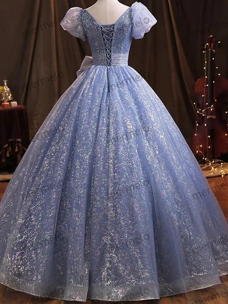 Ballgown, Prom Dress, Quinceanera Dress, Short Sleeves Ballgown, Blue Sparkly Ballgown