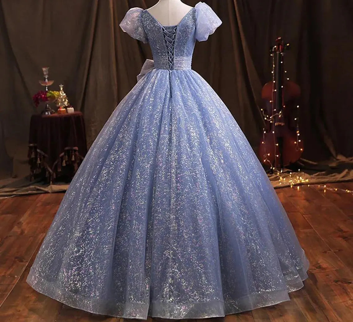 Ballgown, Prom Dress, Quinceanera Dress, Short Sleeves Ballgown, Blue Sparkly Ballgown