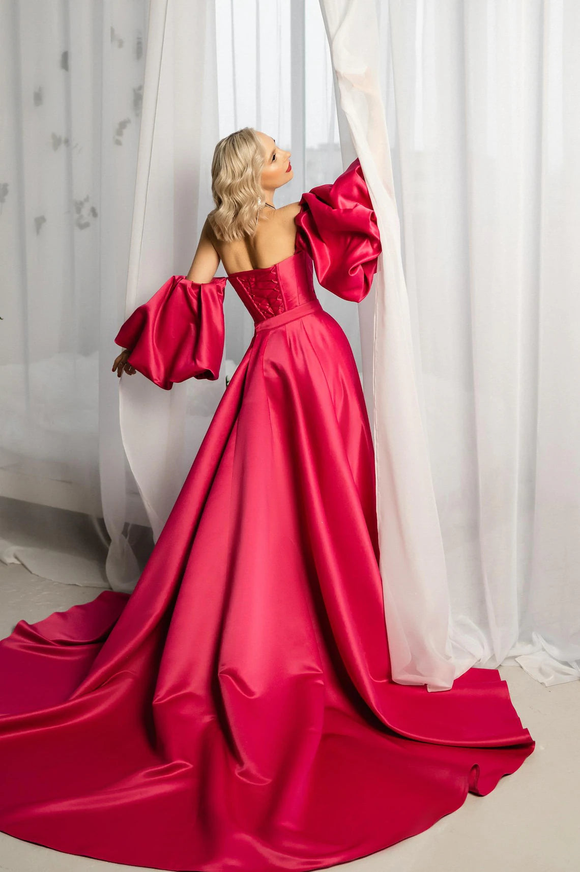 Pink prom dress, coset prom dress, detachable puff sleeves prom dress, open back prom dress, leg slit train prom dress, fucsia prom dress