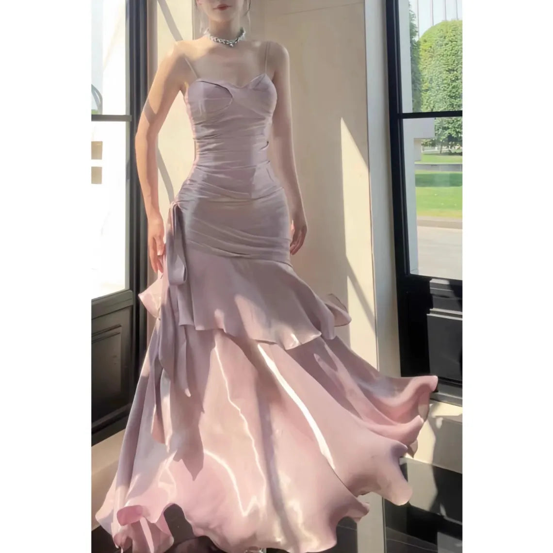 Luxury Pink Satin Ruffle Wedding Dress, Dusty Rose Mermaid Layered Hem Gown, High-End Birthday Party, Elegant Vintage Formal Evening Dress