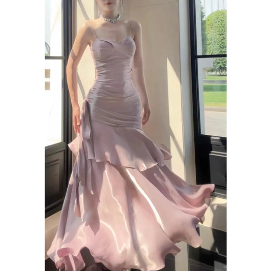 Luxury Pink Satin Ruffle Wedding Dress, Dusty Rose Mermaid Layered Hem Gown, High-End Birthday Party, Elegant Vintage Formal Evening Dress