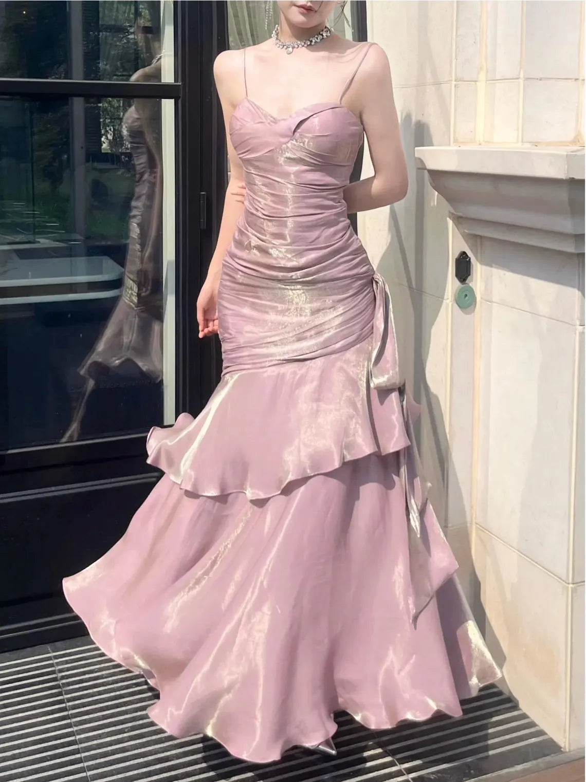 Luxury Pink Satin Ruffle Wedding Dress, Dusty Rose Mermaid Layered Hem Gown, High-End Birthday Party, Elegant Vintage Formal Evening Dress