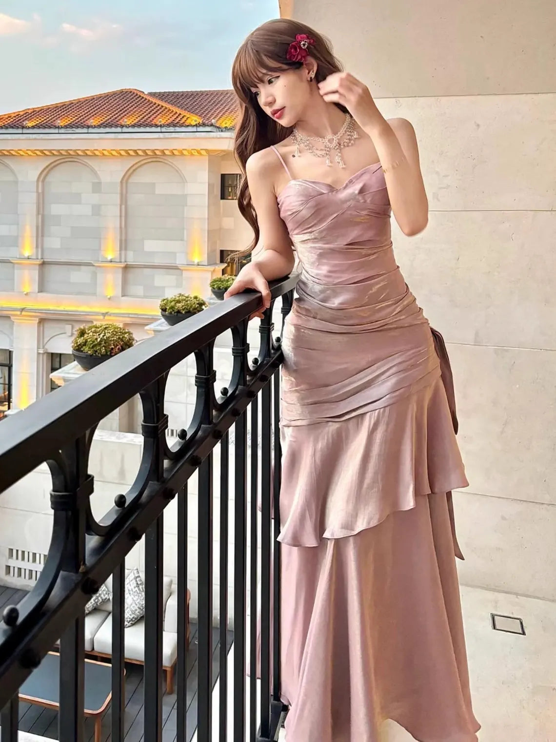 Luxury Pink Satin Ruffle Wedding Dress, Dusty Rose Mermaid Layered Hem Gown, High-End Birthday Party, Elegant Vintage Formal Evening Dress