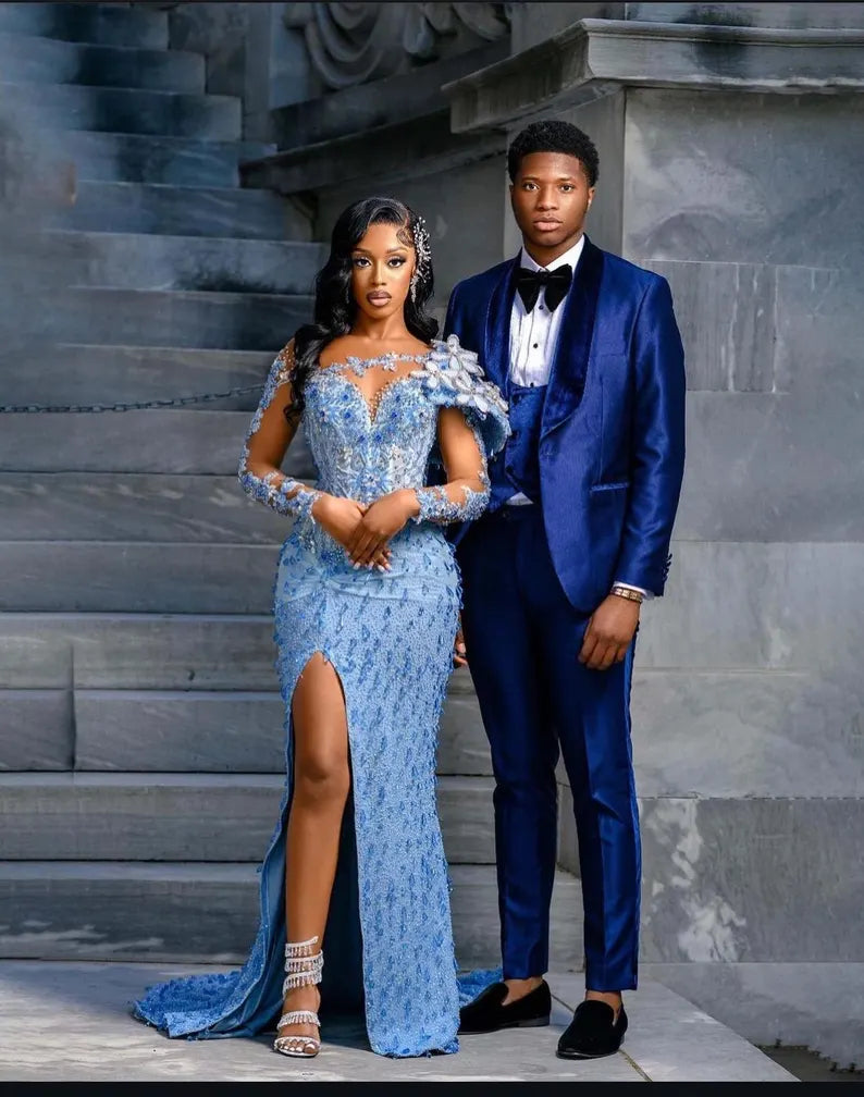 Blue Prom dress, Sequin dress, Corset gown Pageant gown, Homecoming dress, Wedding reception gown, Birthday gown, Party Aline gown with slit