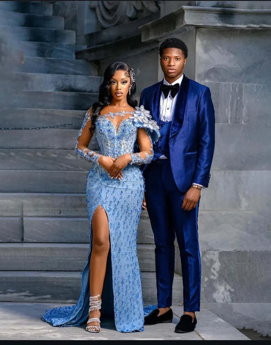 Blue Prom dress, Sequin dress, Corset gown Pageant gown, Homecoming dress, Wedding reception gown, Birthday gown, Party Aline gown with slit